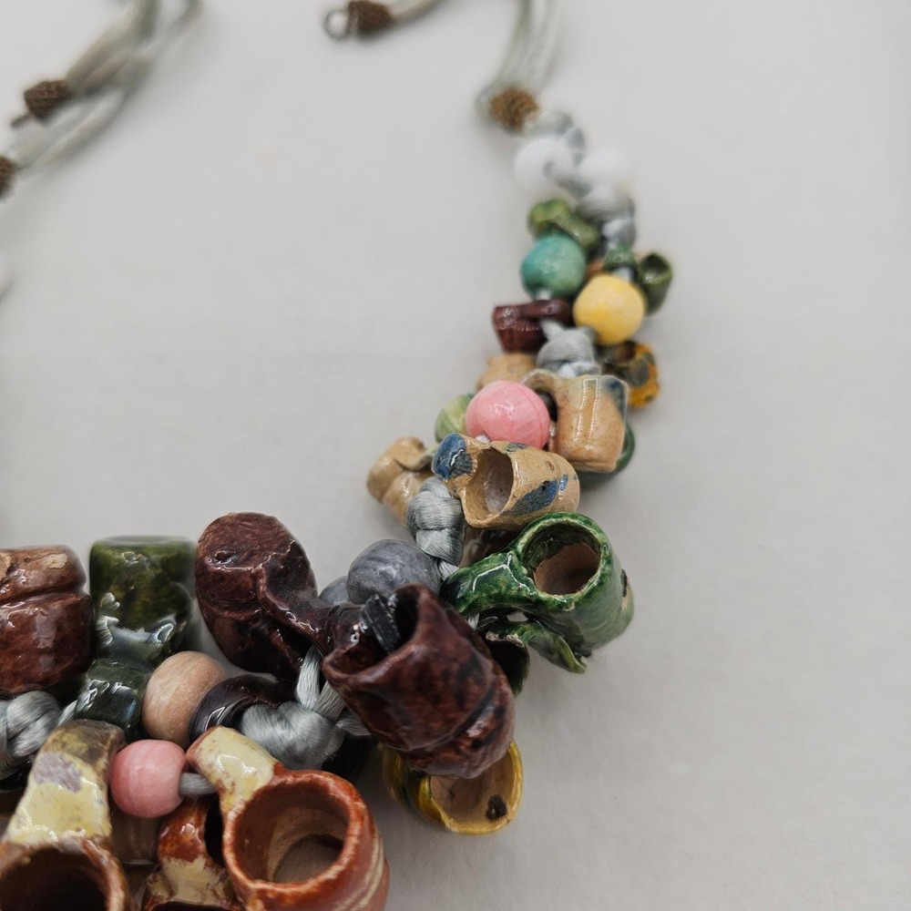 Vintage Folk Art Pottery Mug Bead Necklace Ceramic Tankard Bib Statement Boho - Picture 11 of 14